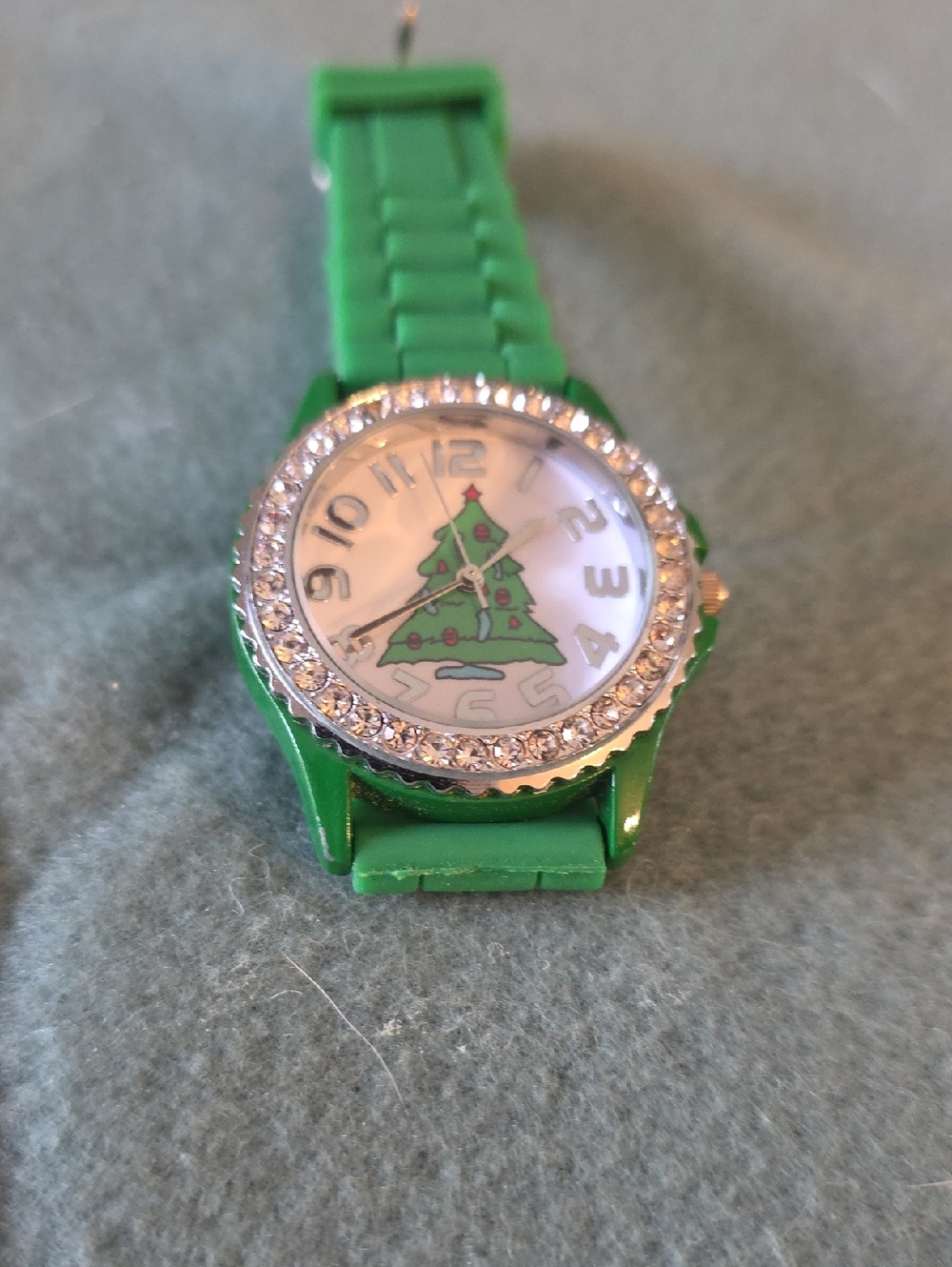 Green Holiday Tree Wristwatch with Rhinestone Bezel